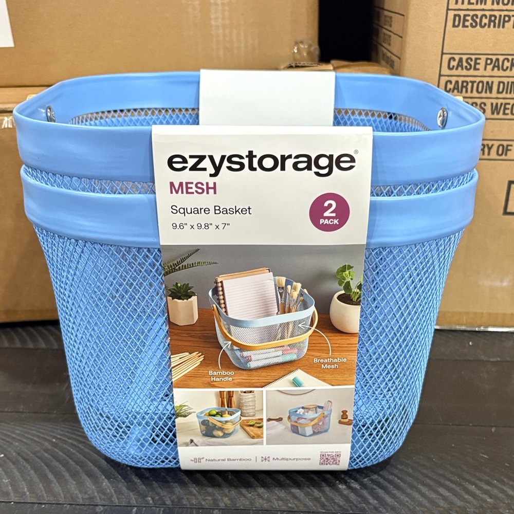 Ezystorage Blue Mesh Square Basket with bamboo handle - 2 Pack